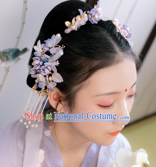 Chinese Classical Court Purple Butterfly Hair Stick Handmade Hanfu Hair Accessories Ancient Ming Dynasty Princess Flowers Tassel Hairpins