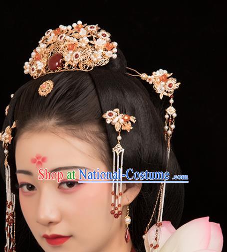 Chinese Classical Court Agate Pearls Hair Crown Handmade Hanfu Hair Accessories Ancient Ming Dynasty Empress Golden Hairpins