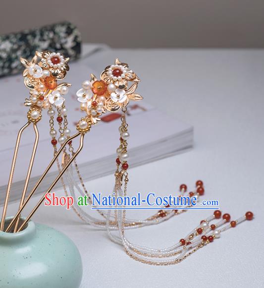 Chinese Classical Court Beads Tassel Hair Stick Handmade Hanfu Hair Accessories Ancient Ming Dynasty Empress Golden Pearls Hairpins