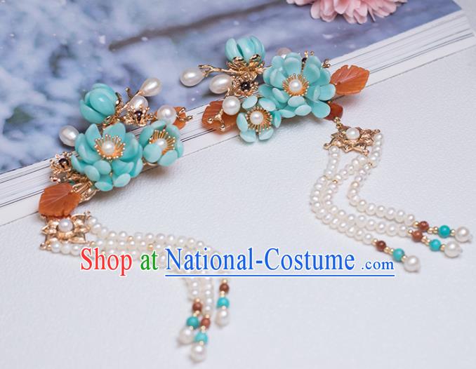 Chinese Classical Court Blue Flower Hair Sticks Handmade Hanfu Hair Accessories Ancient Ming Dynasty Empress Pearls Tassel Hairpins