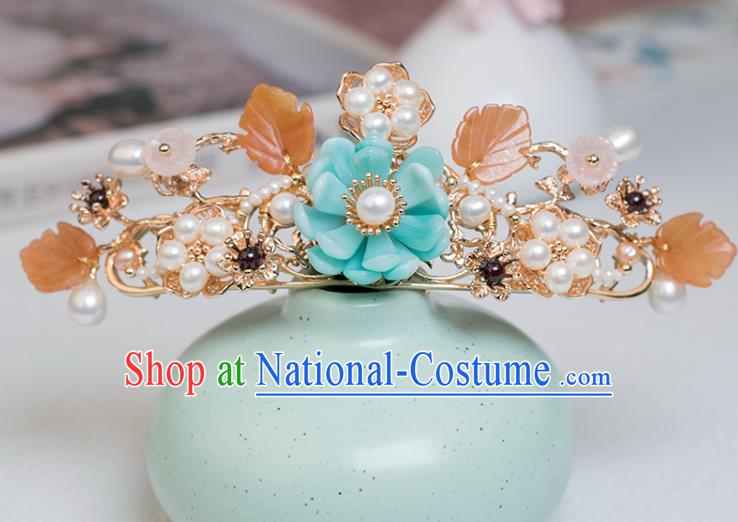 Chinese Classical Court Blue Flower Hair Comb Handmade Hanfu Hair Accessories Ancient Ming Dynasty Empress Pearls Hairpins Hair Crown