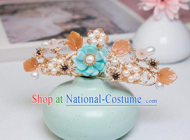 Chinese Classical Court Blue Flower Hair Comb Handmade Hanfu Hair Accessories Ancient Ming Dynasty Empress Pearls Hairpins Hair Crown