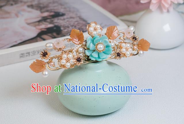 Chinese Classical Court Blue Flower Hair Comb Handmade Hanfu Hair Accessories Ancient Ming Dynasty Empress Pearls Hairpins Hair Crown