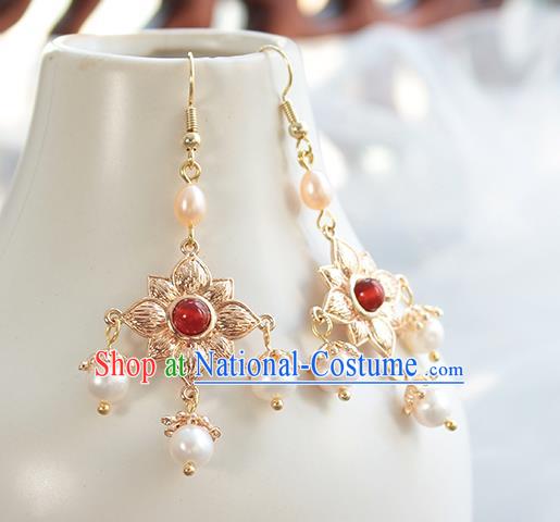 Chinese Handmade Golden Lotus Earrings Classical Jewelry Accessories Hanfu Ming Dynasty Princess Pearl Eardrop