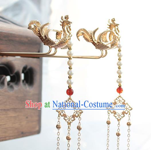 Chinese Classical Golden Phoenix Tassel Hair Stick Handmade Hanfu Hair Accessories Ancient Ming Dynasty Empress Hairpins