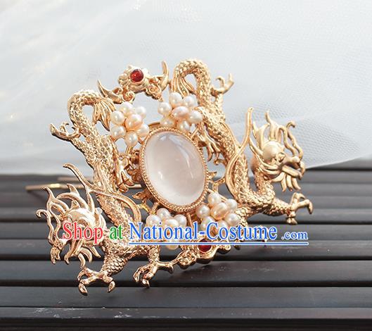 Chinese Classical Golden Dragons Hair Crown Handmade Hanfu Hair Accessories Ancient Ming Dynasty Empress Pearls Hairpins