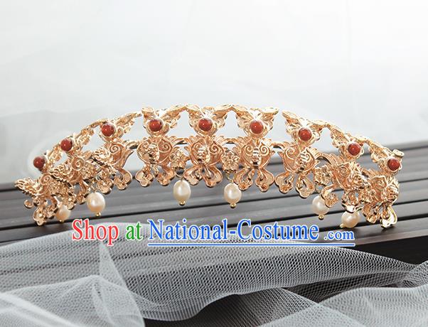 Chinese Classical Pearls Tassel Hair Crown Handmade Hanfu Hair Accessories Ancient Ming Dynasty Empress Golden Dragons Hairpins