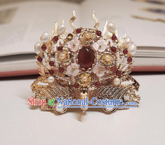 Chinese Classical Court Golden Phoenix Hair Crown Handmade Hanfu Hair Accessories Ancient Ming Dynasty Princess Agate Pearls Hairpins