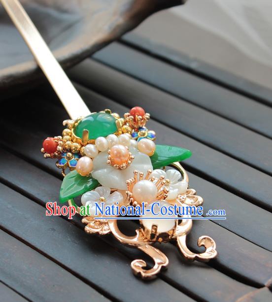 Chinese Classical Jade Plum Hair Stick Handmade Hanfu Hair Accessories Ancient Ming Dynasty Empress Pearls Golden Hairpins