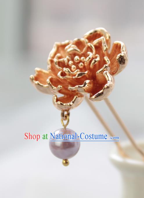 Chinese Classical Golden Peony Hair Stick Handmade Hanfu Hair Accessories Ancient Ming Dynasty Young Lady Hairpins