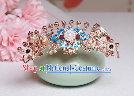 Chinese Classical Court Blueing Lotus Hair Crown Handmade Hanfu Hair Accessories Ancient Ming Dynasty Empress Golden Butterfly Hairpins