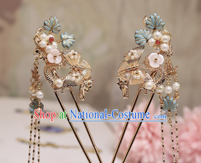 Chinese Classical Court Golden Lotus Hair Stick Handmade Hanfu Hair Accessories Ancient Ming Dynasty Princess Blue Leaf Pearls Hairpins