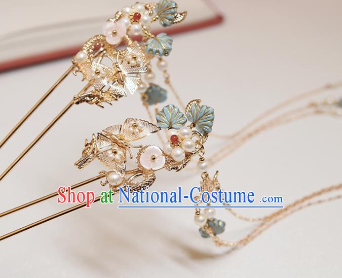 Chinese Classical Court Golden Lotus Hair Stick Handmade Hanfu Hair Accessories Ancient Ming Dynasty Princess Blue Leaf Pearls Hairpins