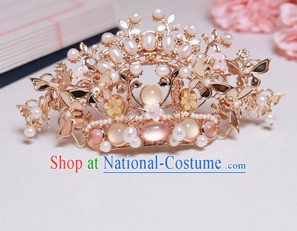 Chinese Classical Court Golden Butterfly Hair Crown Handmade Hanfu Hair Accessories Ancient Ming Dynasty Empress Pearls Chalcedony Hairpins