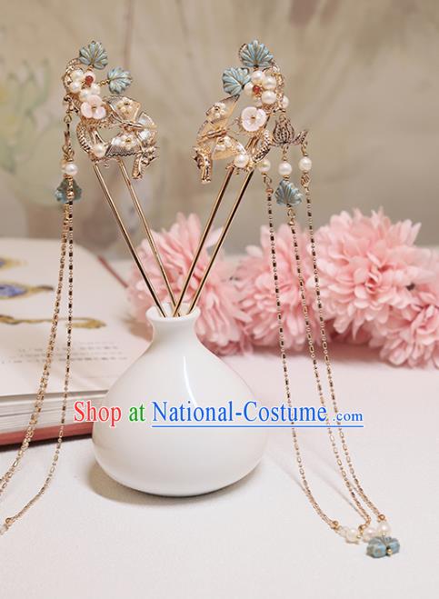 Chinese Classical Court Golden Lotus Hair Stick Handmade Hanfu Hair Accessories Ancient Ming Dynasty Princess Blue Leaf Pearls Hairpins