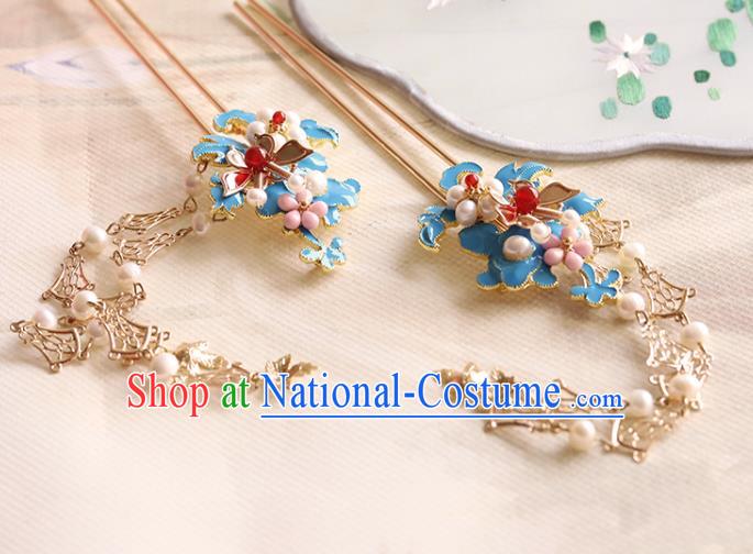 Chinese Classical Court Queen Blueing Pearls Hair Stick Handmade Hanfu Hair Accessories Ancient Ming Dynasty Empress Tassel Hairpins