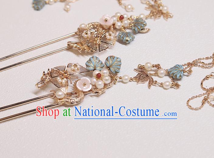 Chinese Classical Court Golden Lotus Hair Stick Handmade Hanfu Hair Accessories Ancient Ming Dynasty Princess Blue Leaf Pearls Hairpins