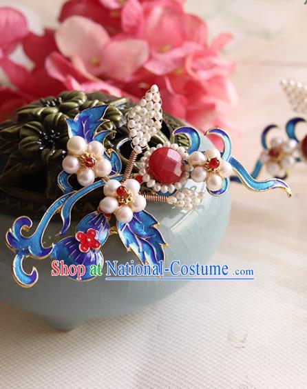 Chinese Classical Court Queen Pearls Hair Stick Handmade Hanfu Hair Accessories Ancient Ming Dynasty Empress Blueing Hairpins