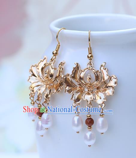 Chinese Handmade Pearls Tassel Earrings Classical Ear Accessories Hanfu Ming Dynasty Princess Golden Lotus Eardrop