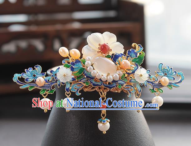 Chinese Classical Blueing Flowers Hair Crown Handmade Hanfu Hair Accessories Ancient Ming Dynasty Empress Pearls Hairpins