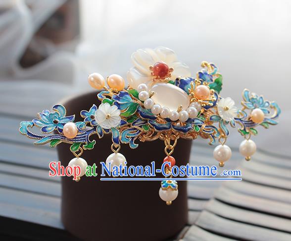 Chinese Classical Blueing Flowers Hair Crown Handmade Hanfu Hair Accessories Ancient Ming Dynasty Empress Pearls Hairpins