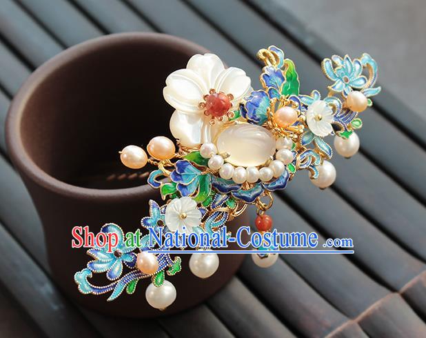 Chinese Classical Blueing Flowers Hair Crown Handmade Hanfu Hair Accessories Ancient Ming Dynasty Empress Pearls Hairpins