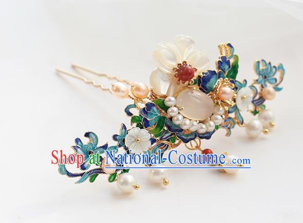 Chinese Classical Blueing Flowers Hair Crown Handmade Hanfu Hair Accessories Ancient Ming Dynasty Empress Pearls Hairpins