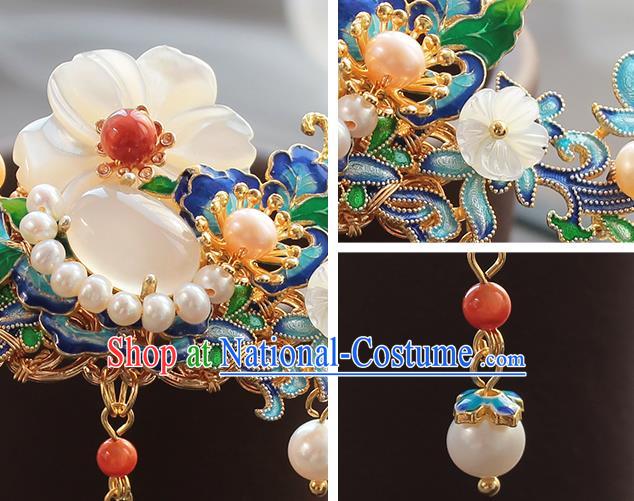 Chinese Classical Jade Plum Hair Stick Handmade Hanfu Hair Accessories Ancient Ming Dynasty Empress Pearls Golden Hairpins