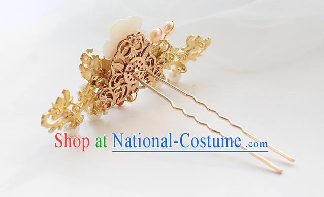 Chinese Classical Jade Plum Hair Stick Handmade Hanfu Hair Accessories Ancient Ming Dynasty Empress Pearls Golden Hairpins