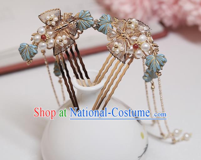 Chinese Classical Court Golden Hair Combs Handmade Hanfu Hair Accessories Ancient Ming Dynasty Princess Blue Leaf Pearls Hairpins