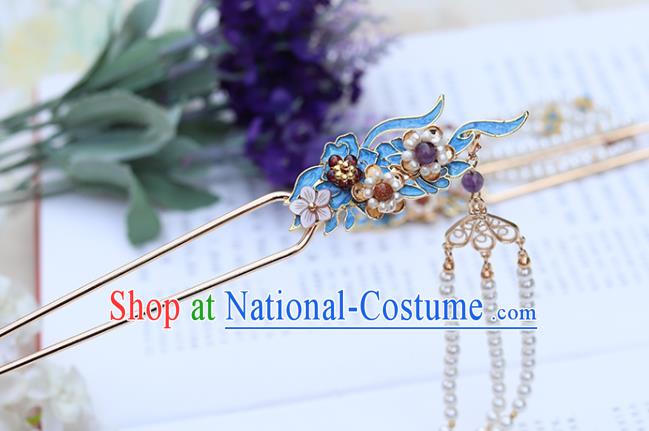 Chinese Classical Palace Blueing Agate Hair Stick Handmade Hanfu Hair Accessories Ancient Ming Dynasty Princess Pearls Tassel Hairpins