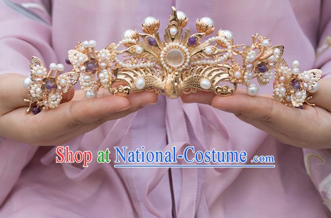 Chinese Classical Palace Pearls Butterfly Hair Crown Handmade Hanfu Hair Accessories Ancient Ming Dynasty Empress Golden Phoenix Hairpins