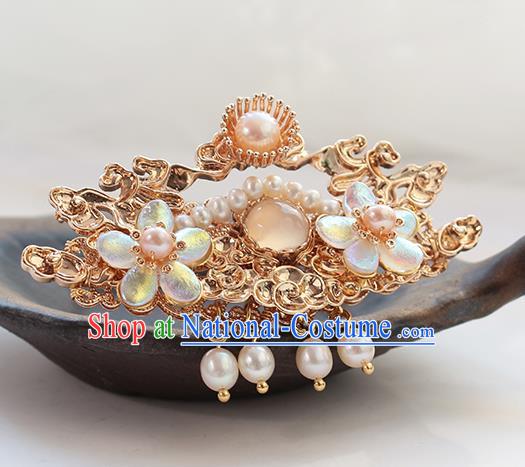 Chinese Classical Golden Hair Crown Handmade Hanfu Hair Accessories Ancient Ming Dynasty Empress Pearls Cloud Hairpins