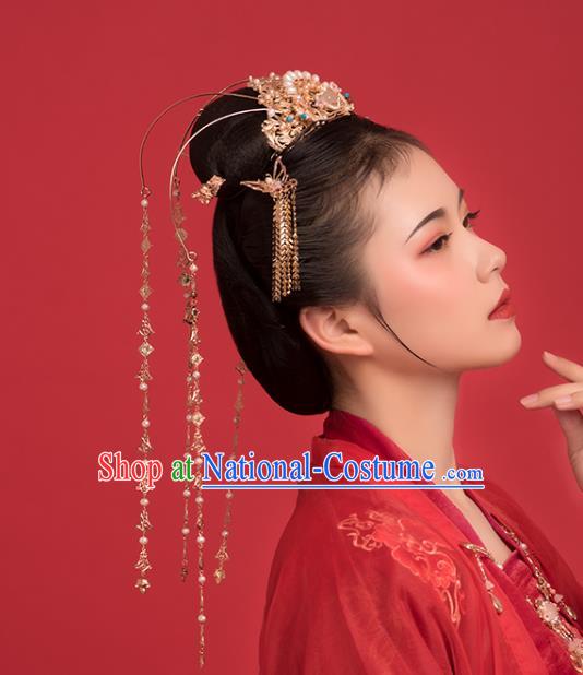 Chinese Classical Palace Pearls Golden Tassel Hair Crown Handmade Hanfu Hair Accessories Ancient Ming Dynasty Empress Pink Chalcedony Hairpins