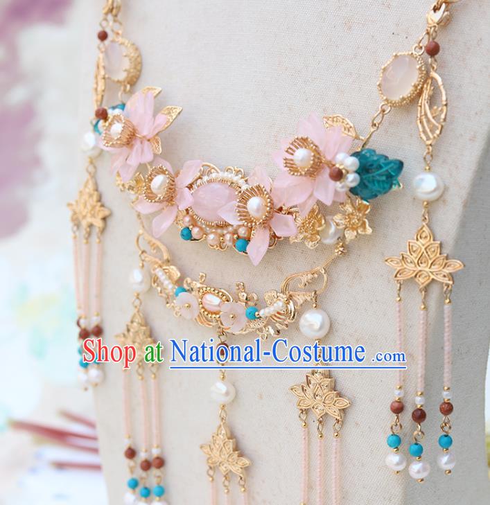 Chinese Handmade Golden Lotus Tassel Necklet Classical Jewelry Accessories Ancient Ming Dynasty Princess Hanfu Pink Flowers Necklace for Women