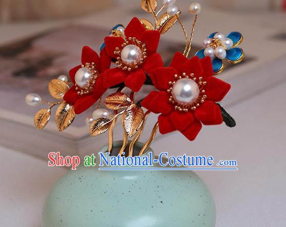 Chinese Classical Court Red Lotus Hair Comb Handmade Hanfu Hair Accessories Ancient Ming Dynasty Princess Golden Hairpins