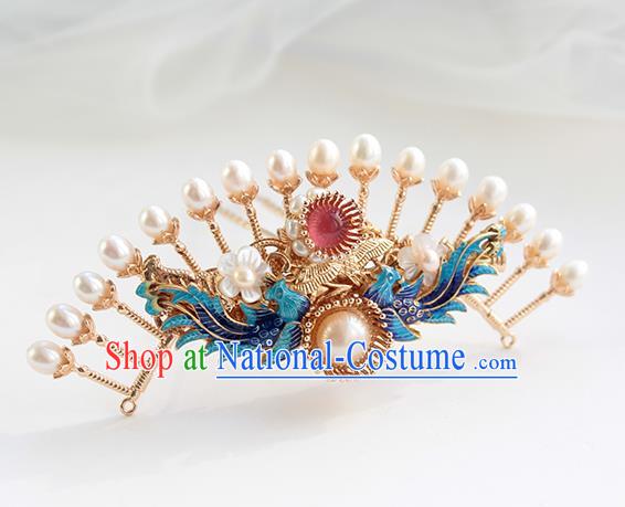 Chinese Classical Blueing Phoenix Hair Crown Handmade Hanfu Hair Accessories Ancient Ming Dynasty Empress Pearls Golden Hairpins