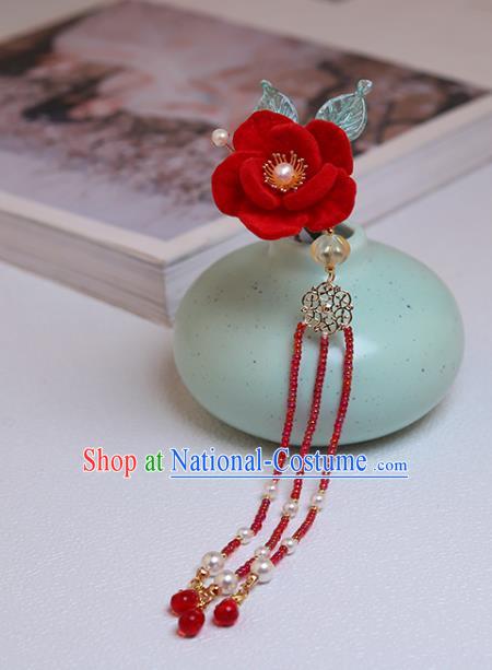 Chinese Classical Court Camellia Hair Stick Handmade Hanfu Hair Accessories Ancient Ming Dynasty Princess Red Beads Tassel Hairpins