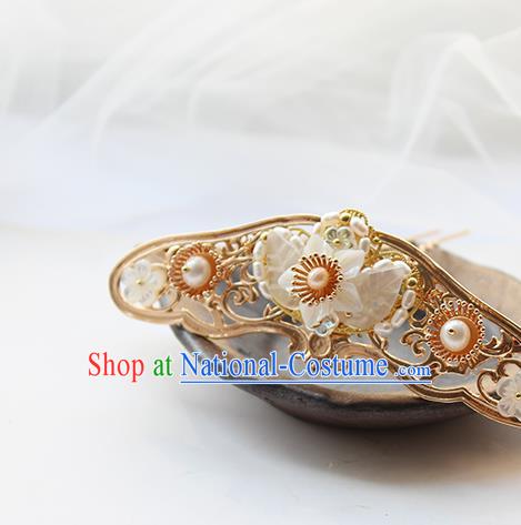 Chinese Classical Pearls Hair Crown Handmade Hanfu Hair Accessories Ancient Ming Dynasty Empress Shell Flower Golden Hairpins