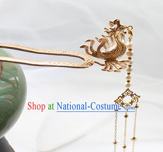 Chinese Classical Golden Phoenix Hair Stick Handmade Hanfu Hair Accessories Ancient Ming Dynasty Empress Tassel Hairpins