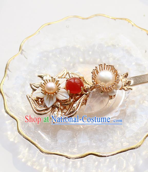 Chinese Classical Agate Golden Hair Stick Handmade Hanfu Hair Accessories Ancient Ming Dynasty Empress Shell Pearl Hairpins