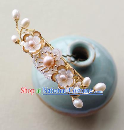 Chinese Classical Golden Hair Stick Handmade Hanfu Hair Accessories Ancient Ming Dynasty Pearls Shell Flowers Hairpins