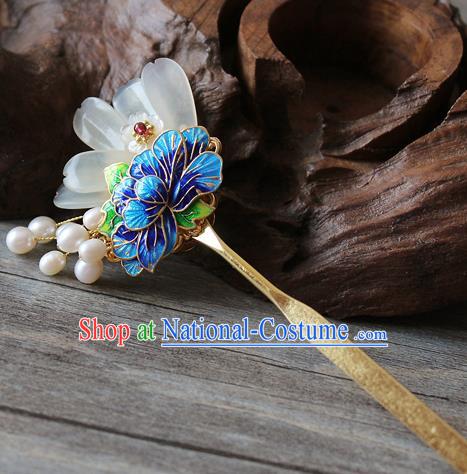 Chinese Classical Blueing Peony Hair Stick Handmade Hanfu Hair Accessories Ancient Ming Dynasty Jade Hairpins