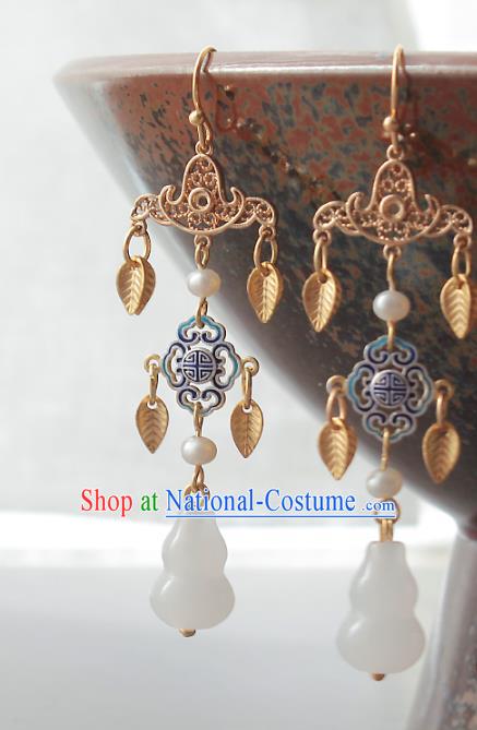 Chinese Handmade Jade Calabash Earrings Classical Jewelry Accessories Hanfu Ming Dynasty Princess Golden Leaf Tassel Eardrop