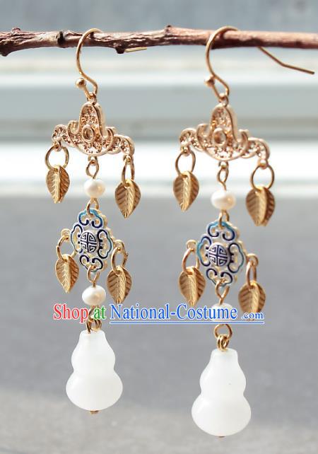 Chinese Handmade Jade Calabash Earrings Classical Jewelry Accessories Hanfu Ming Dynasty Princess Golden Leaf Tassel Eardrop