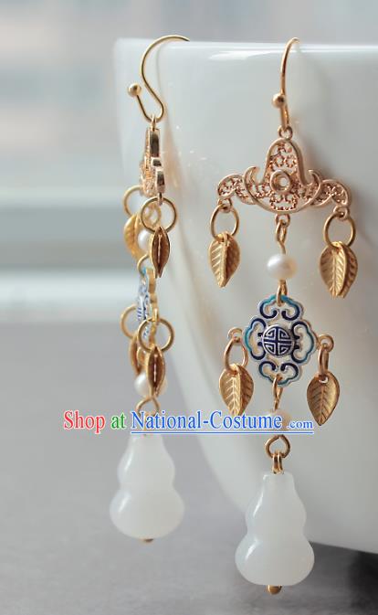 Chinese Handmade Jade Calabash Earrings Classical Jewelry Accessories Hanfu Ming Dynasty Princess Golden Leaf Tassel Eardrop