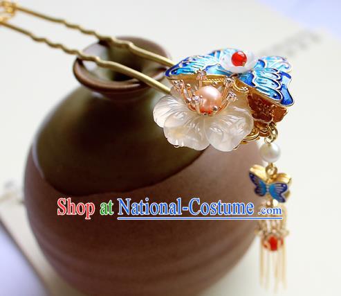 Chinese Classical Blueing Butterfly Tassel Hair Stick Handmade Hanfu Hair Accessories Ancient Ming Dynasty Empress Jade Pearls Hairpins