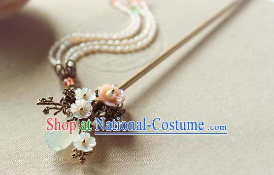 Chinese Classical Pearls Tassel Step Shake Hair Stick Handmade Hanfu Hair Accessories Ancient Ming Dynasty Queen Jade Mangnolia Hairpins