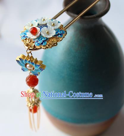 Chinese Classical Blueing Lotus Hair Stick Handmade Hanfu Hair Accessories Ancient Ming Dynasty Empress Golden Tassel Agate Hairpins