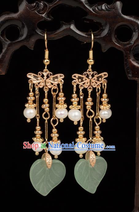 Chinese Handmade Green Jade Leaf Earrings Classical Jewelry Accessories Hanfu Ming Dynasty Princess Golden Tassel Eardrop